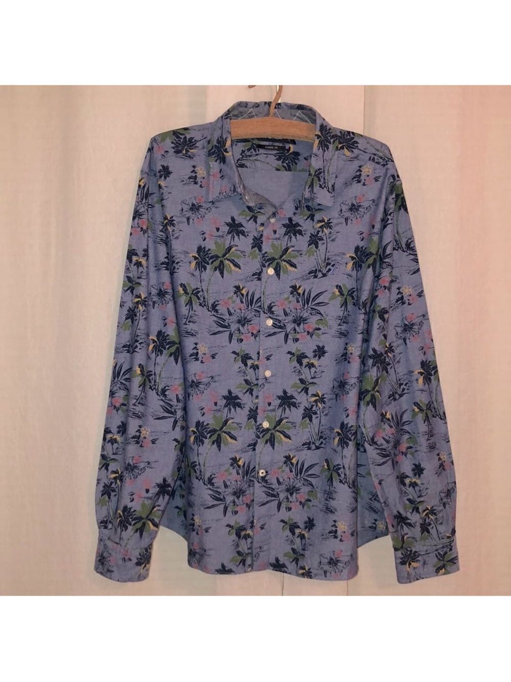 Nautica XXL Chambray Tropical Print Blue Button Down Casual Long Sleeve Shirt